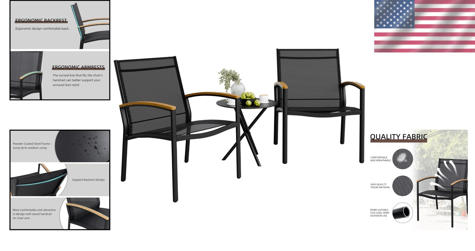 Black Metal and Textilene Bistro Set – Perfect for Patio, Garden, and Balcony