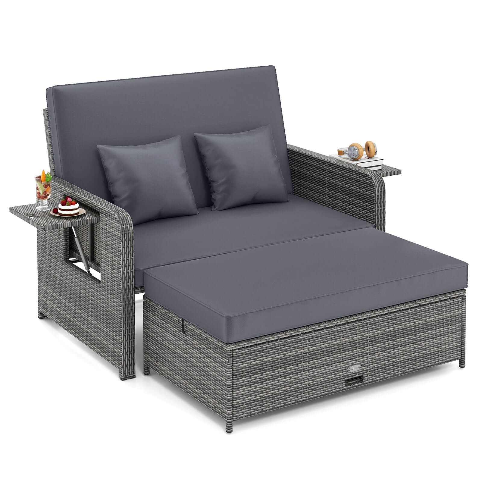 Wicker Loveseat Sofa Set Patio Rattan Daybed w/ Ottoman & Retractable Side Tray