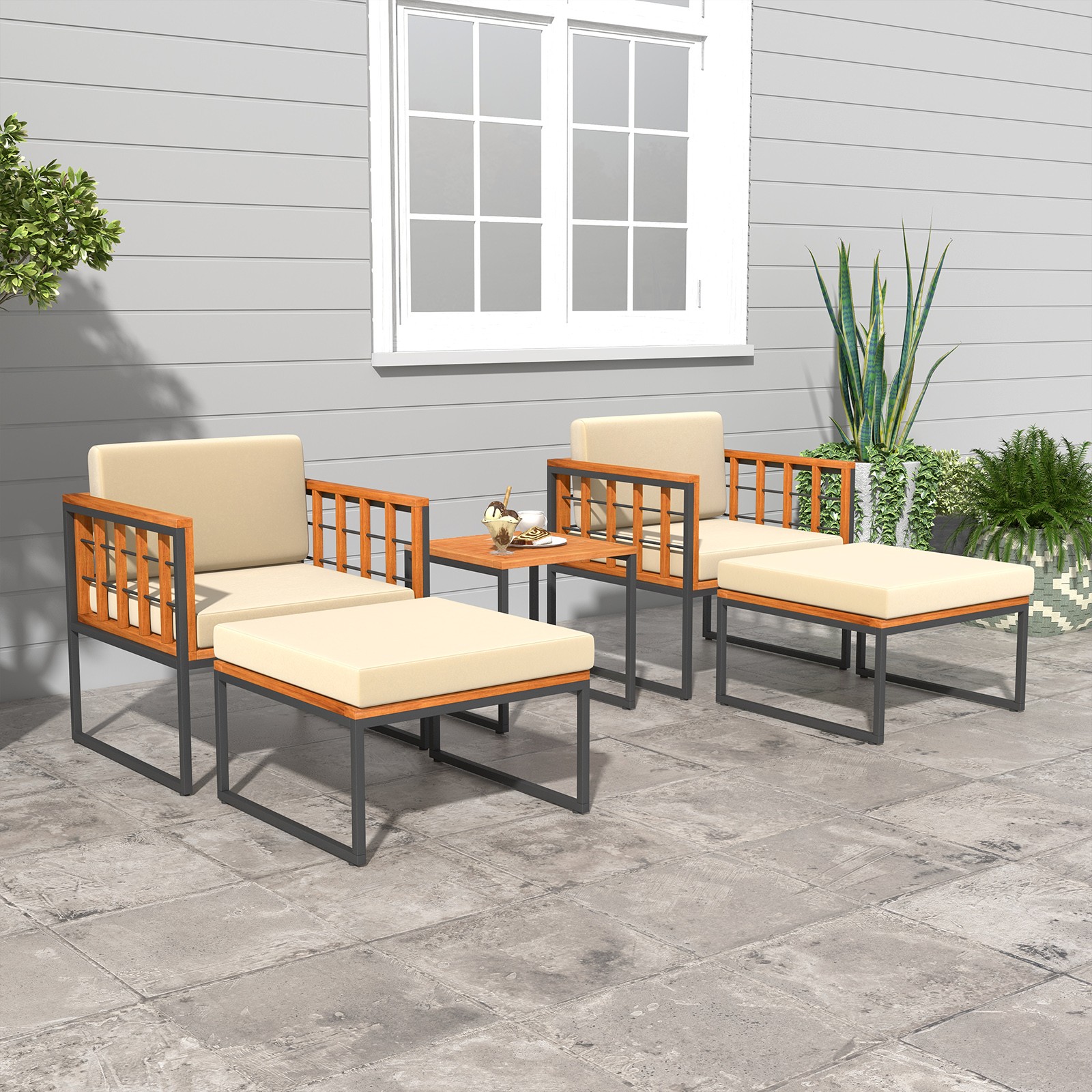 5 PCS Acacia Wood Patio Furniture Set with Ottomans Soft Cushions & Coffee Table