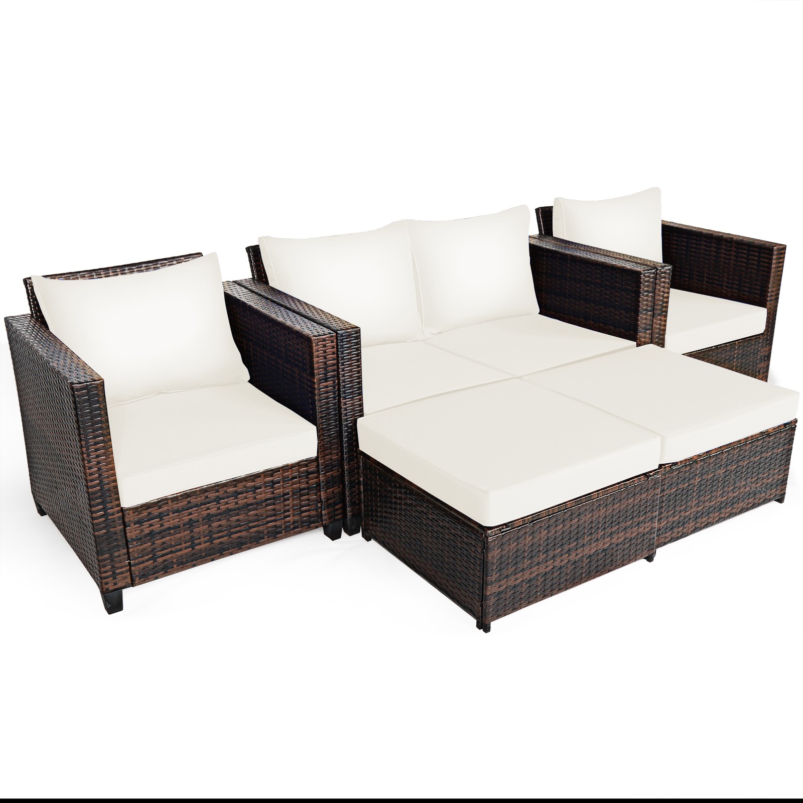 Patiojoy 5PCS Patio Rattan Furniture Set Loveseat Sofa Ottoman Cushioned White