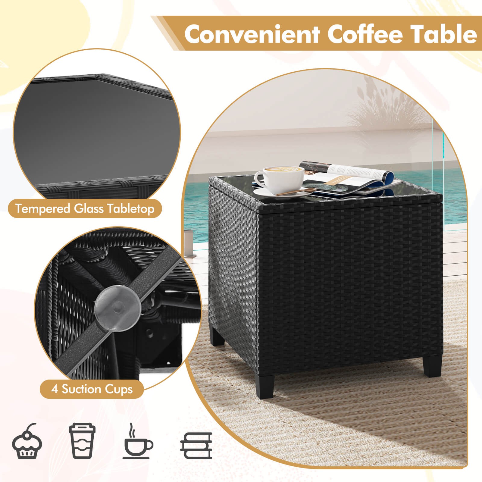 Patio 3PCS Furniture Set w/Tempered Glass Coffee Table Washable Cushions
