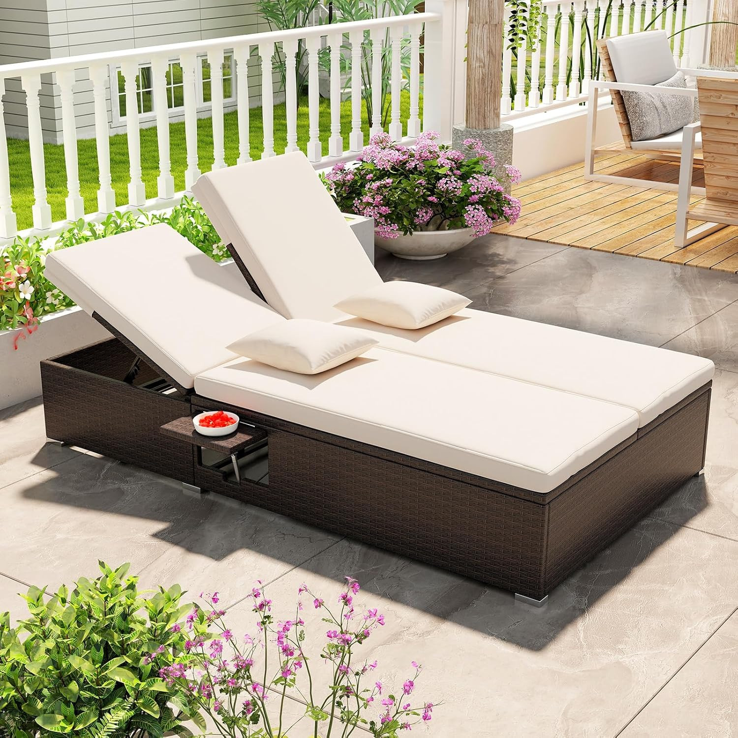 Adjustable Outdoor Rattan Daybed with Cushions & Side Trays for 2 People