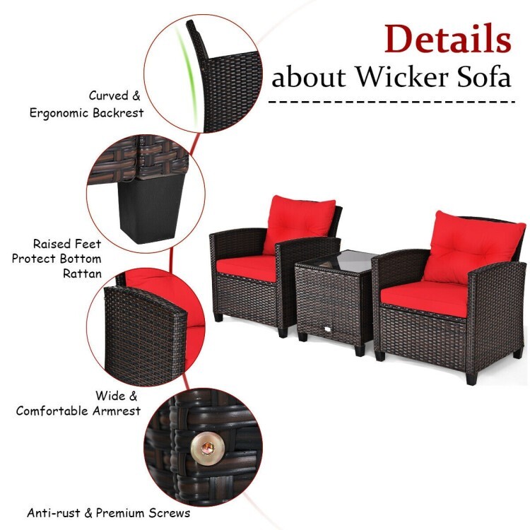 3 Pieces Outdoor Patio Sofa PE Rattan Wicker Furniture Conversation Set Cushion
