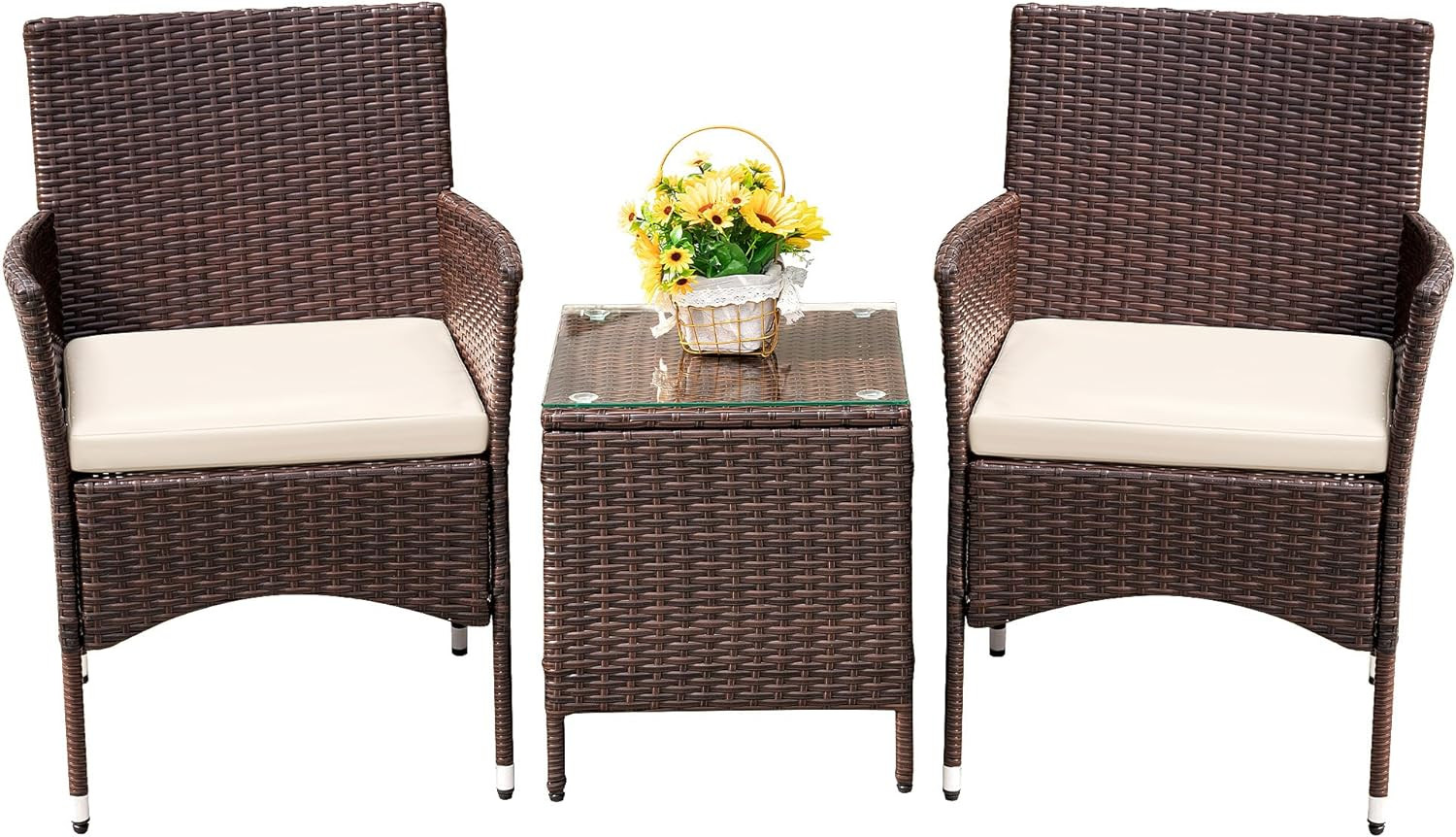3 Piece Patio Furniture Set PE Rattan Table Outdoor Set Brown Beige Patio Porch