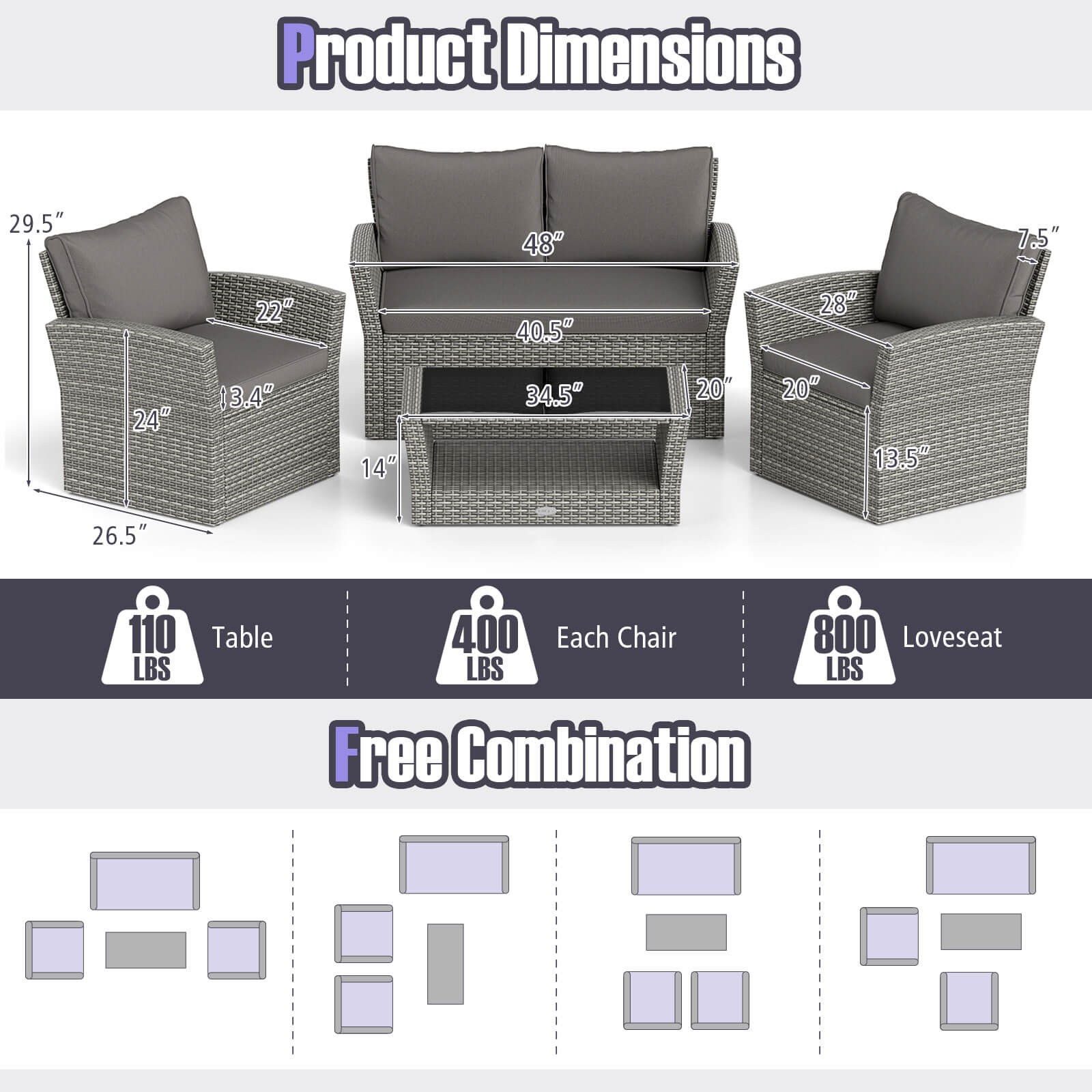 8 PCS Patio Furniture Set w/ 4 Rattan Chairs Loveseat Coffee Table Cushions