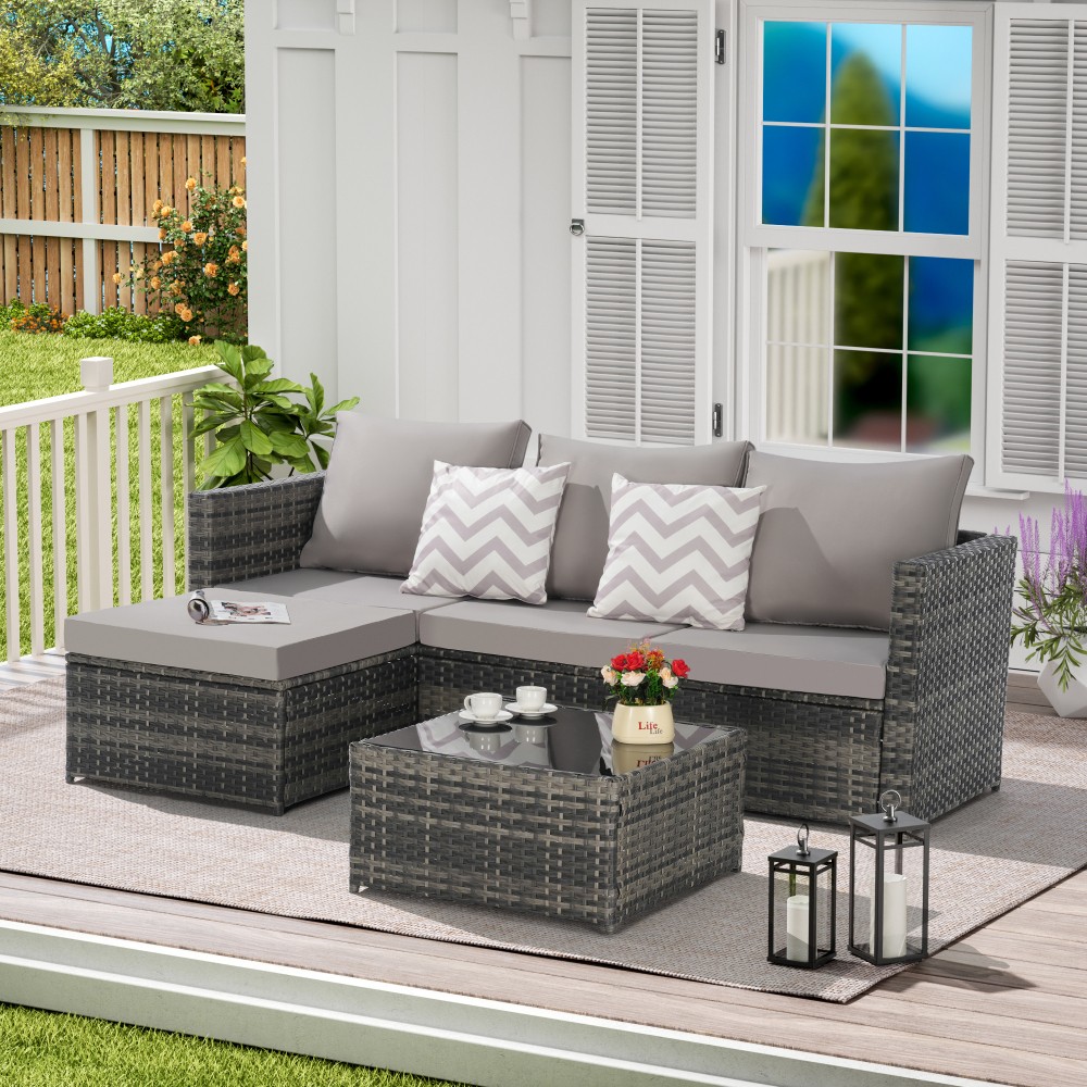 Outdoor Wicker Patio Furniture Set L-Shaped Sectional with Ottoman