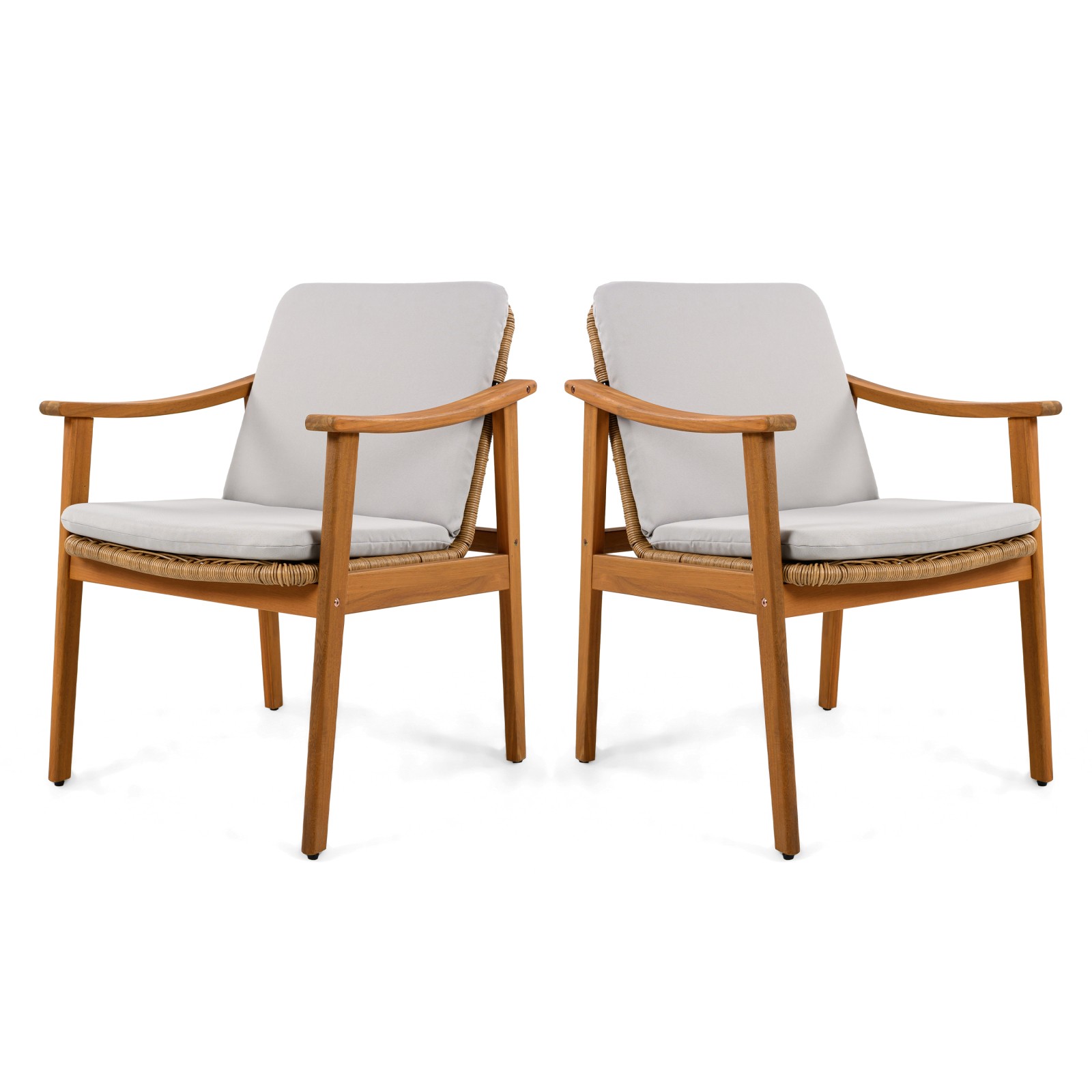 Acacia Wood Patio Dining Chairs Set of 2, Brown Wicker & Grey Cushion