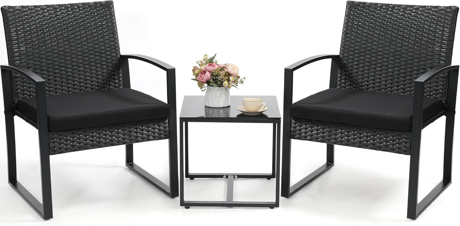 Outdoor 3-Piece Wicker Bistro Set, Patio Conversation Set | 2 Chairs with Coffee