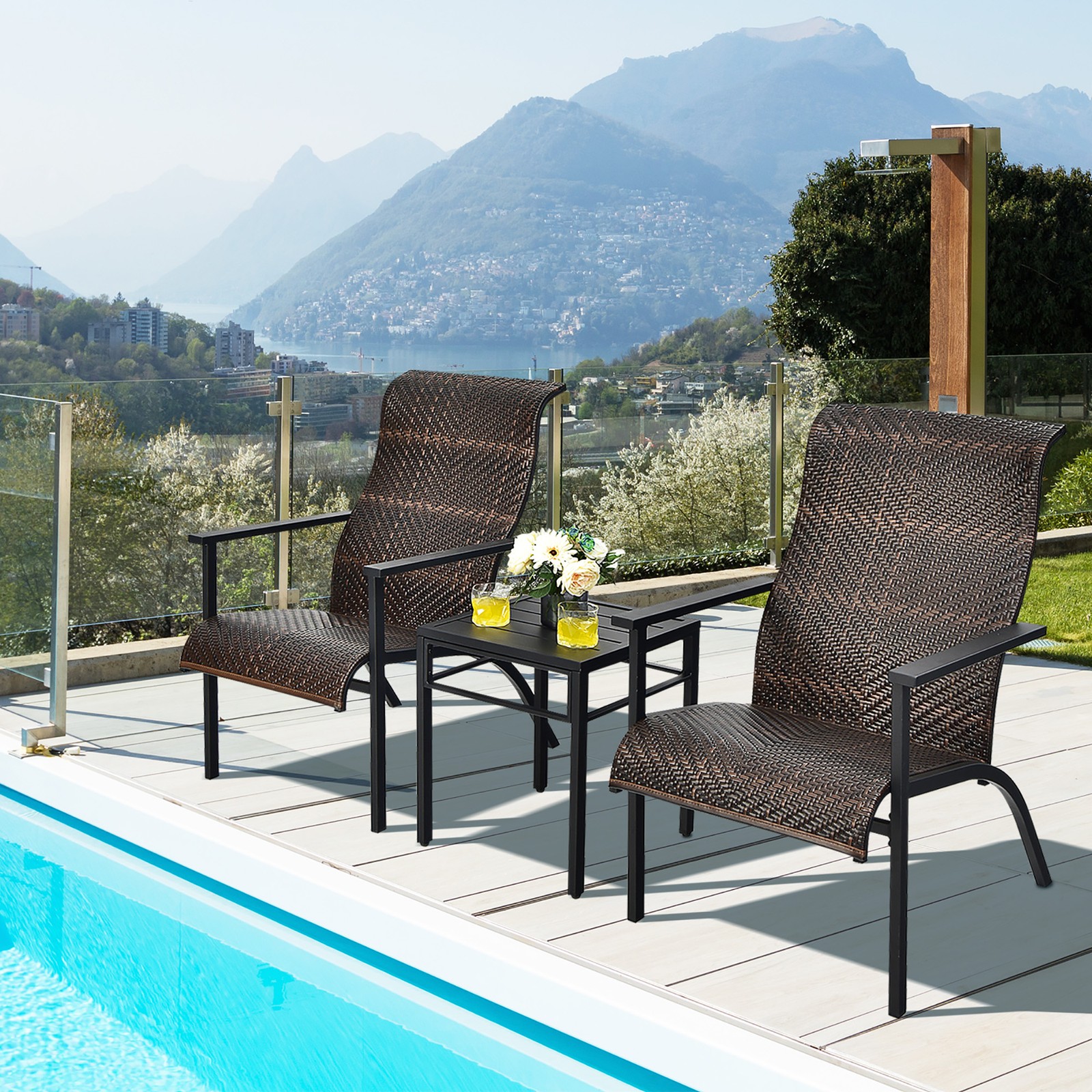 3PCS Rattan Bistro Chair Set Patio Furniture Set W/Table Mix Brown