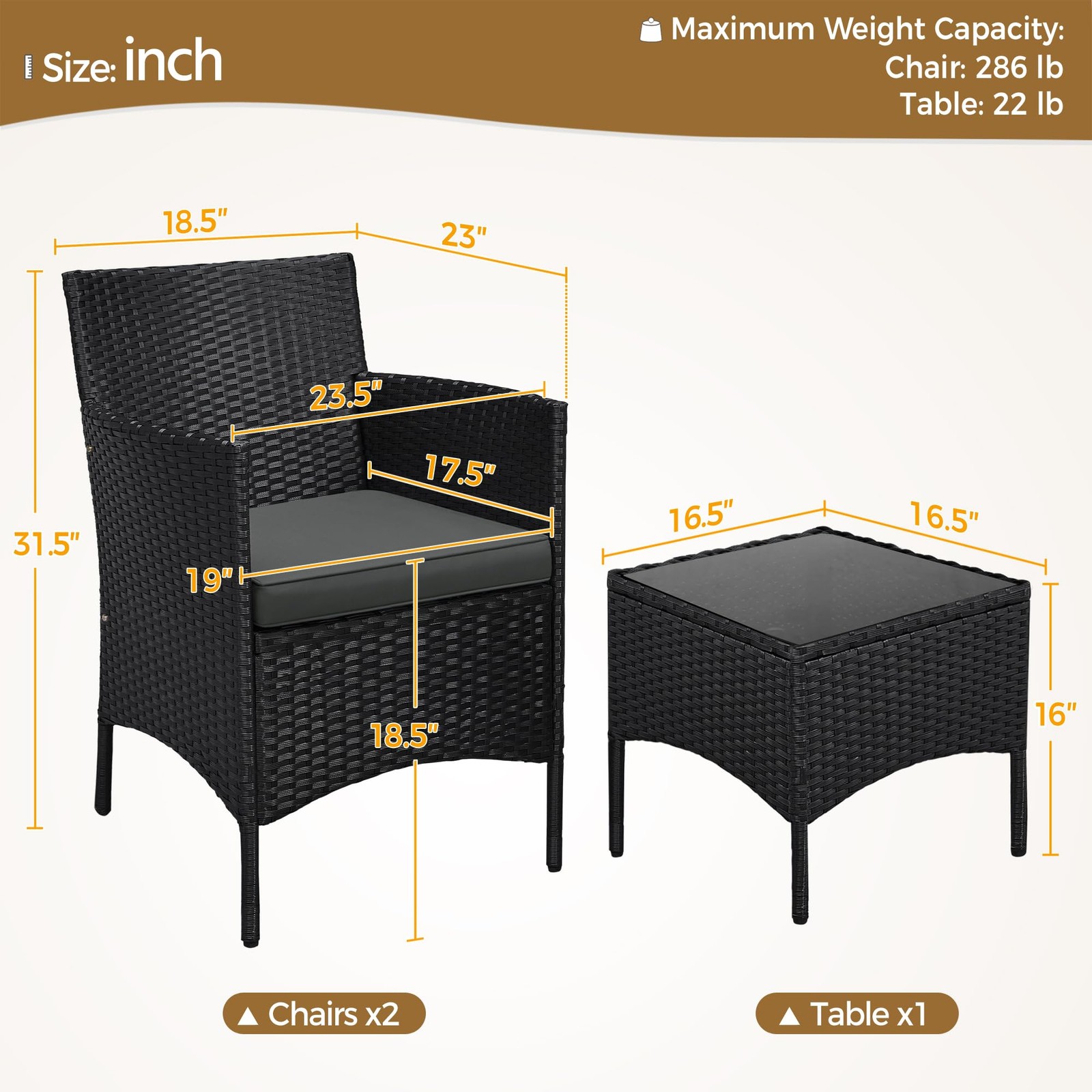 3 Pcs Patio Porch Furniture Set, Outdoor PE Rattan Wicker Conversation Set, Gray