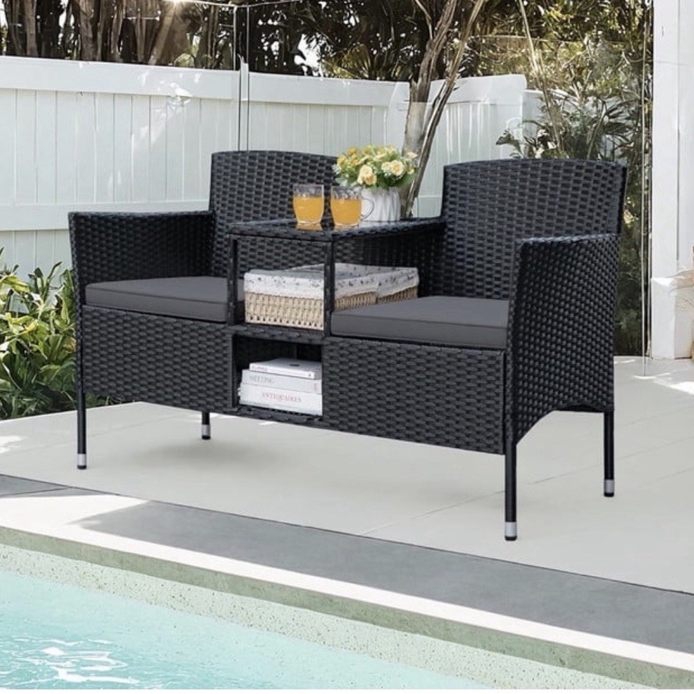 Modern Black Rattan 3-Piece Patio Bench Set with Storage & Cushions