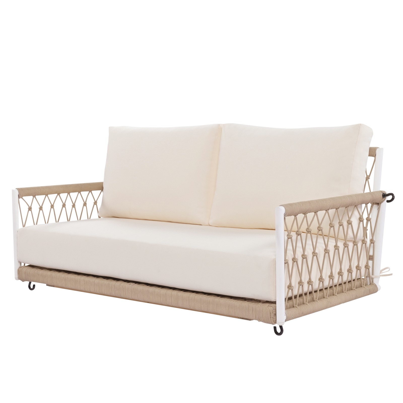 2-Person Outdoor Swing Sofa with Cushions, Woven Rope & Iron Frame, Beige