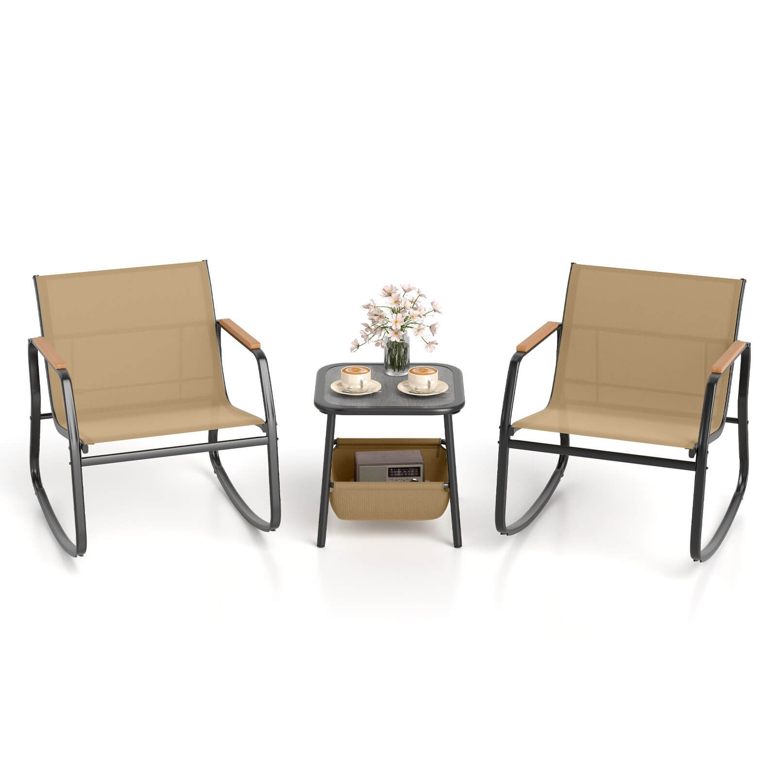 3 Piece Rocking Bistro Set w/ Storage Bag PS Armrests & Tabletop Metal Frame