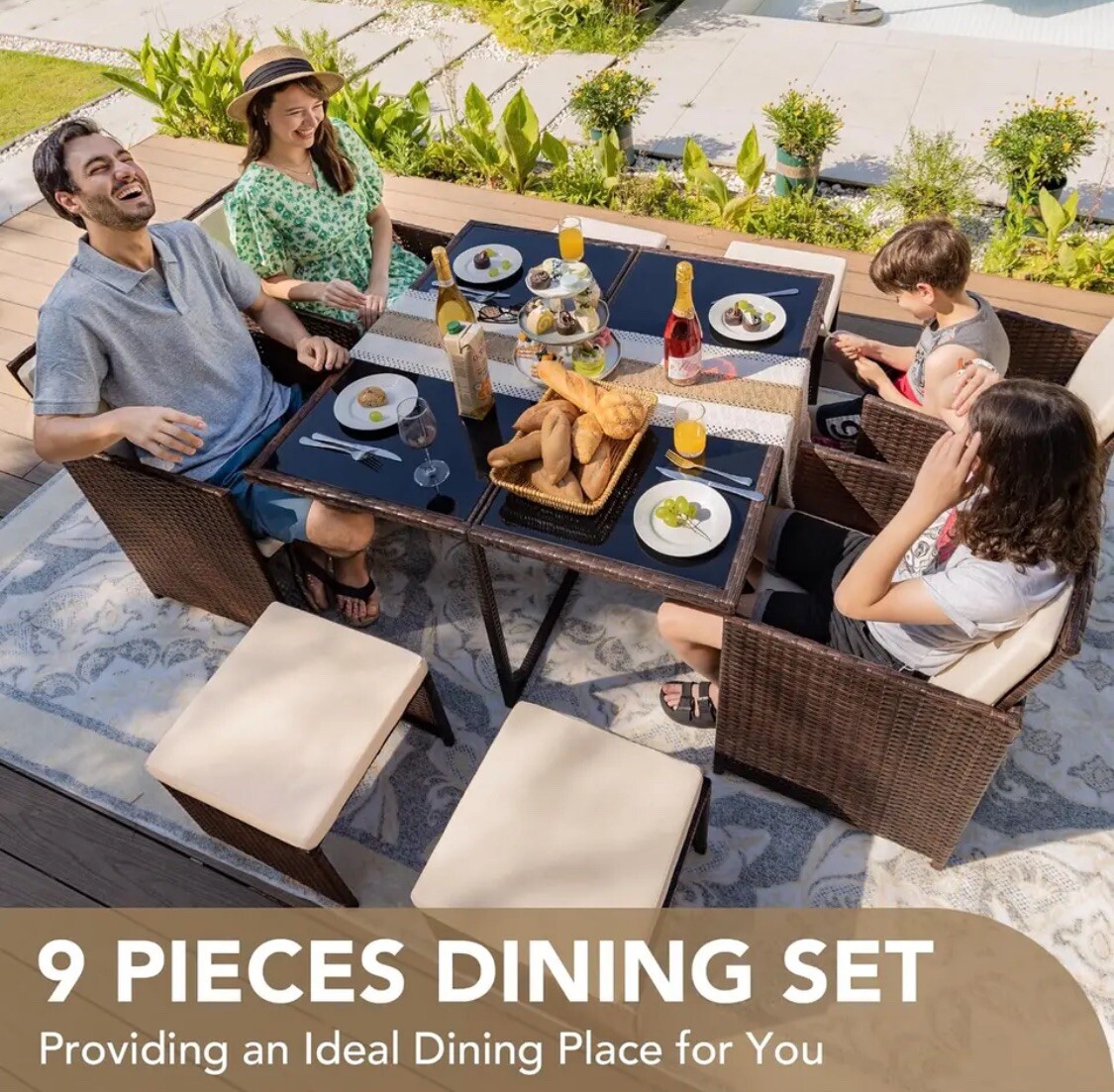 9pc Outdoor Patio Furniture Garden Wicker Dining Set Rattan Table Cushioned Seat