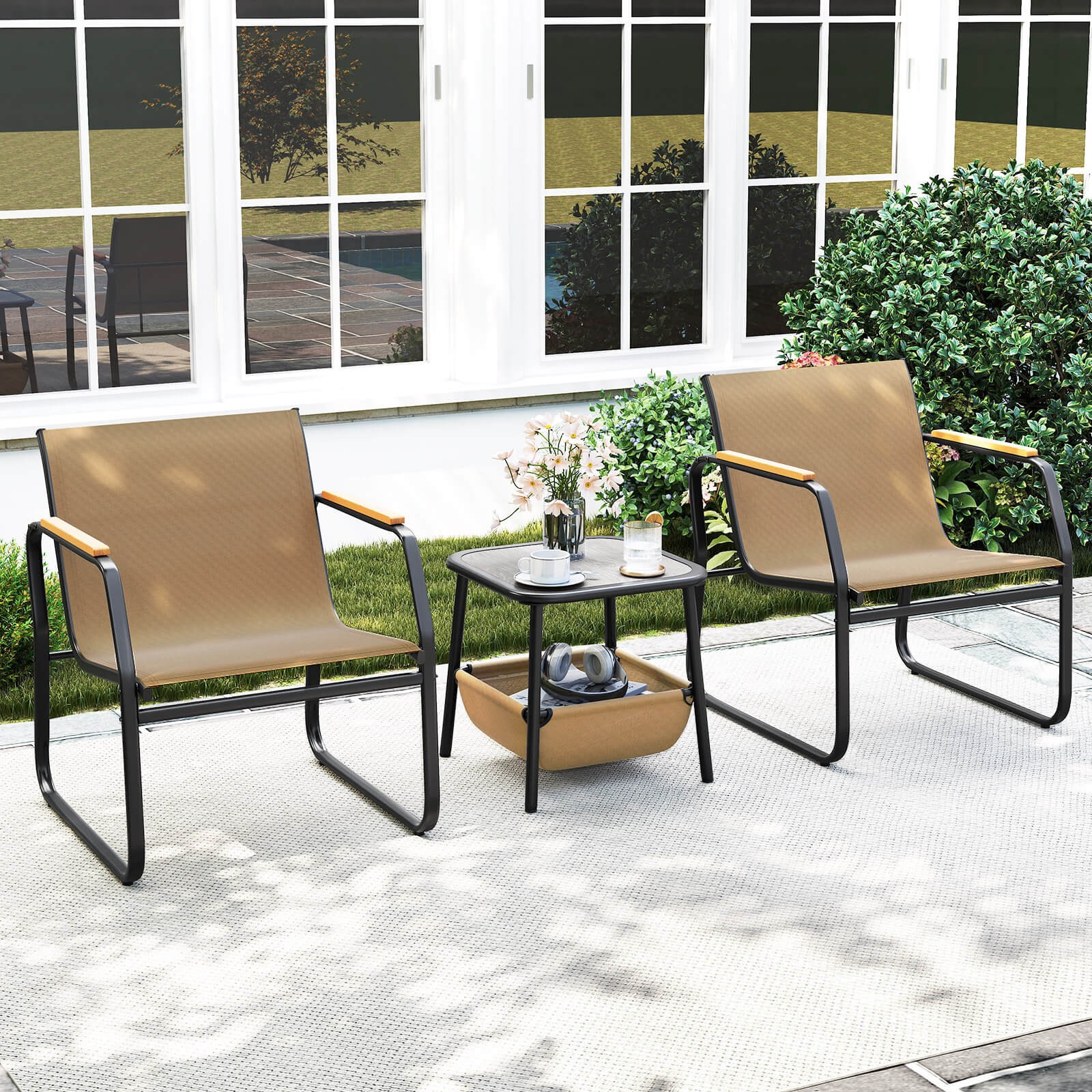 3 PCS Patio Furniture Set with Breathable Mesh Fabric and Metal Frame Garden
