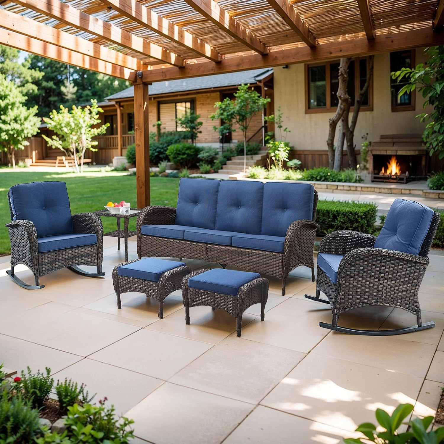 Outdoor Ottomans for Patio Foot Rest – 25 Inch PE Wicker Foot Stool Set of 2 wit