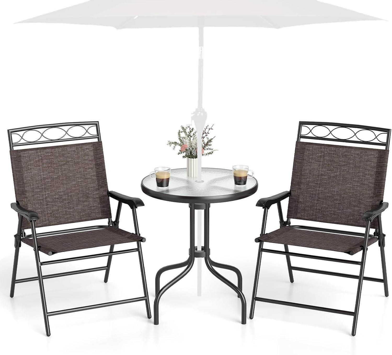 3 Pc Patio Dining Set with round Glass Table, Folding Chairs, Outdoor Chairs Tab