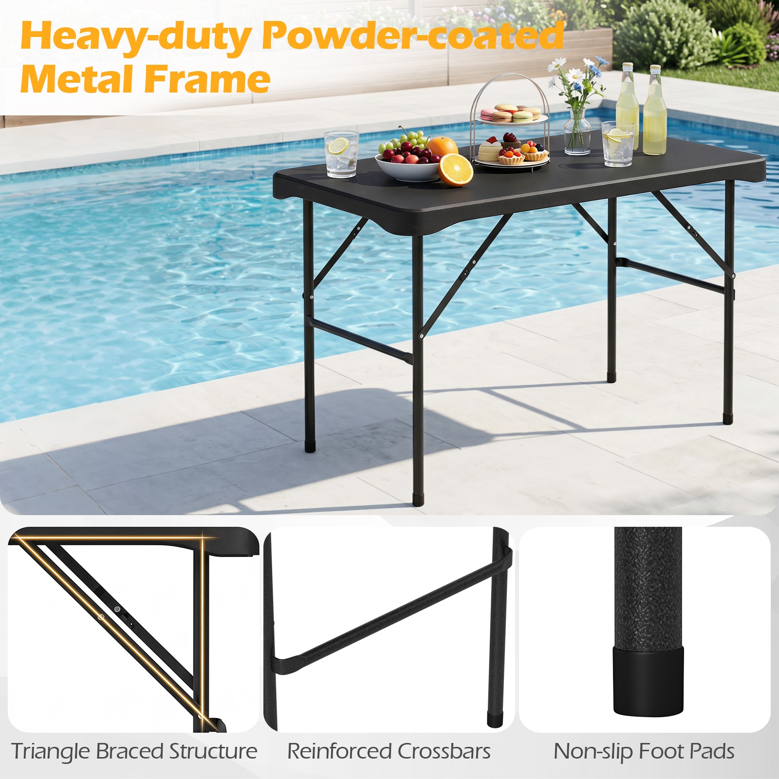 Outdoor Table Bench Set Folding Picnic Table Set w/ 2 Benches Sturdy Metal Frame