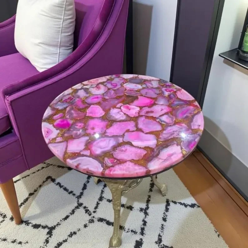 Elegance Pink Agate Stone Coffee Table Translucent Backlit Countertop Crystal