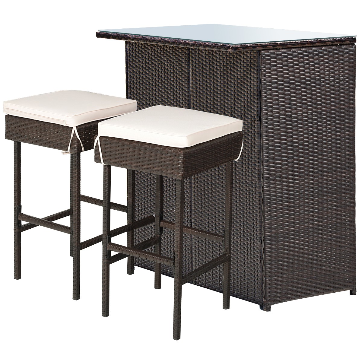 3-Set Patio Rattan Wicker Bar Table Stools Dining Set Durable Cushioned Chairs