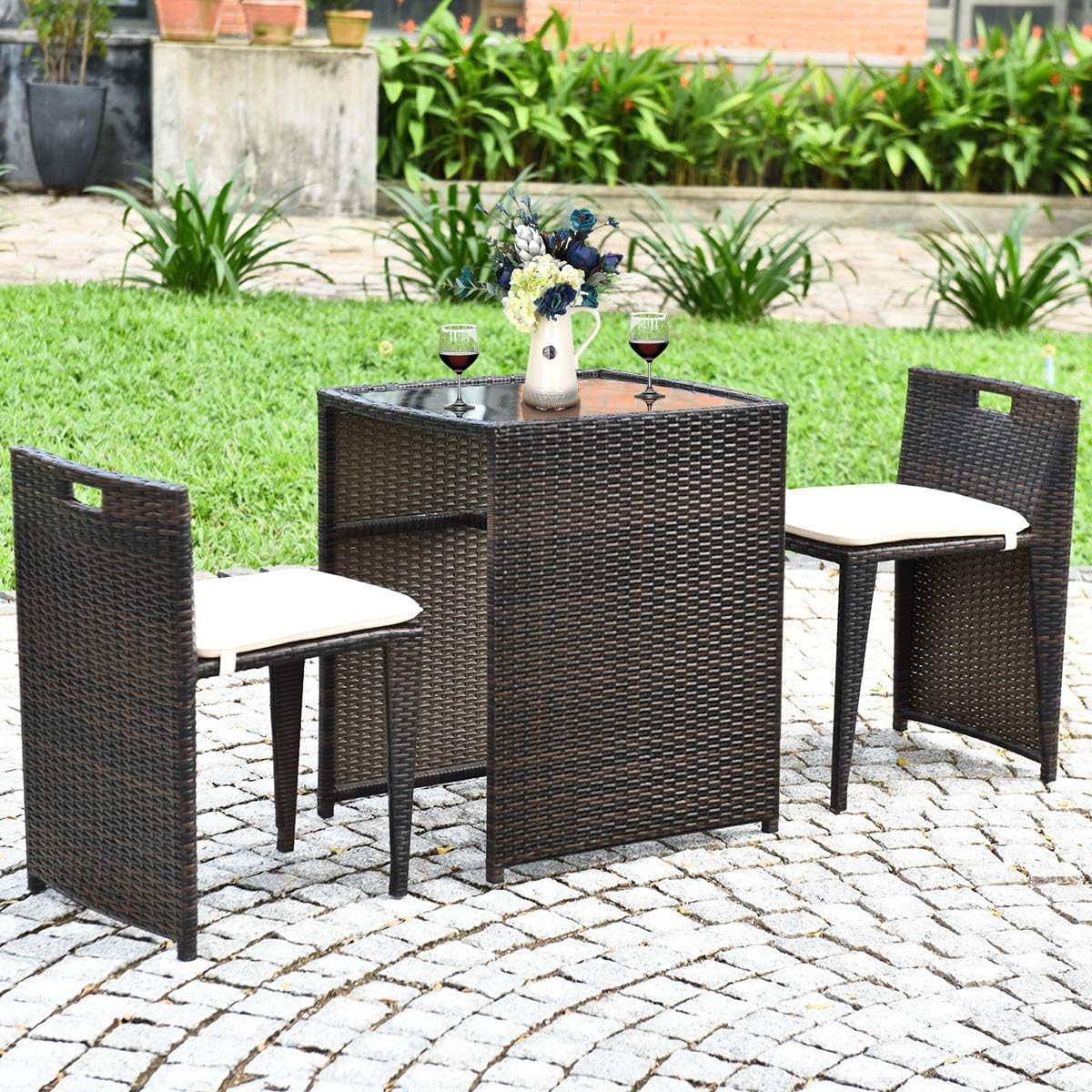 3-Piece Outdoor Rattan Dining Set with Glass Table & Cushioned Chairs – Brown