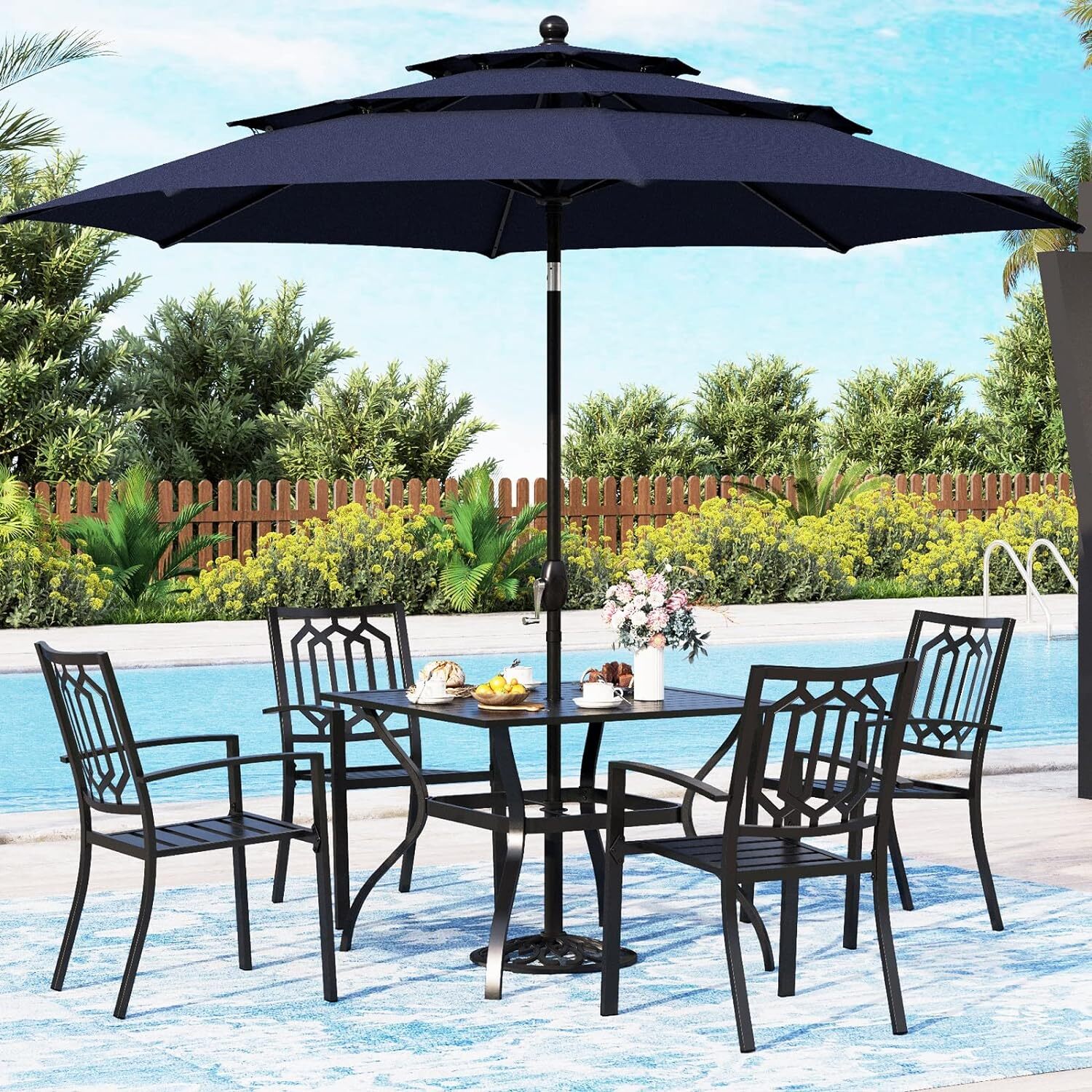 6PCS Patio Furniture Set with Patio Umbrella Outdoor Stackable Chairs Dining Set