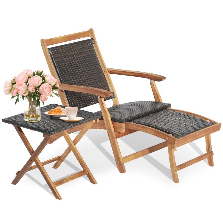 2 PCS Foldable Patio Set Rattan Chaise Lounge Chair Wood Frame W/Footrest Table