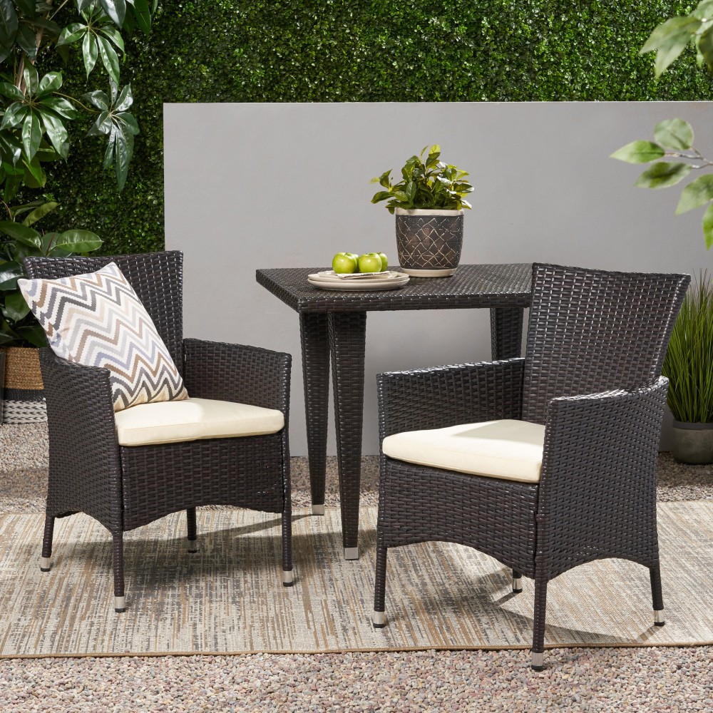 Multibrown PE Rattan Iron Frame Outdoor Dining Chairs Set of 2 Beige Brown