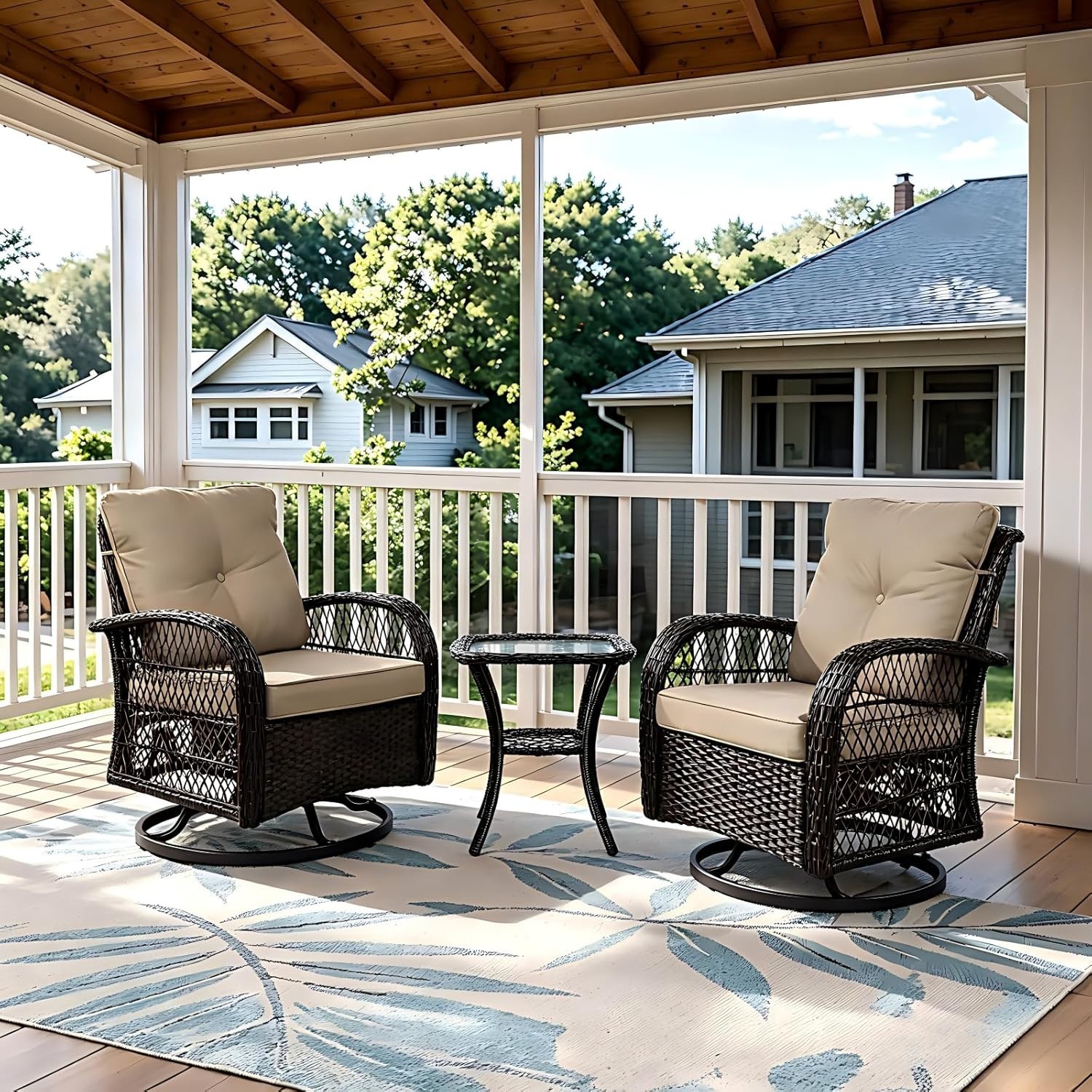 3 Piece Patio Furniture Set, 2 Outdoor Swivel Rocking Chairs w/ Side Table Brown