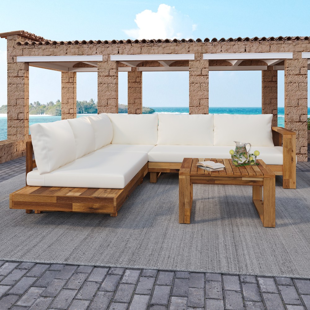 4PCS Acacia Wood Outdoor Patio Sectional Sofa Set W/Cream Cushions &Coffee Table