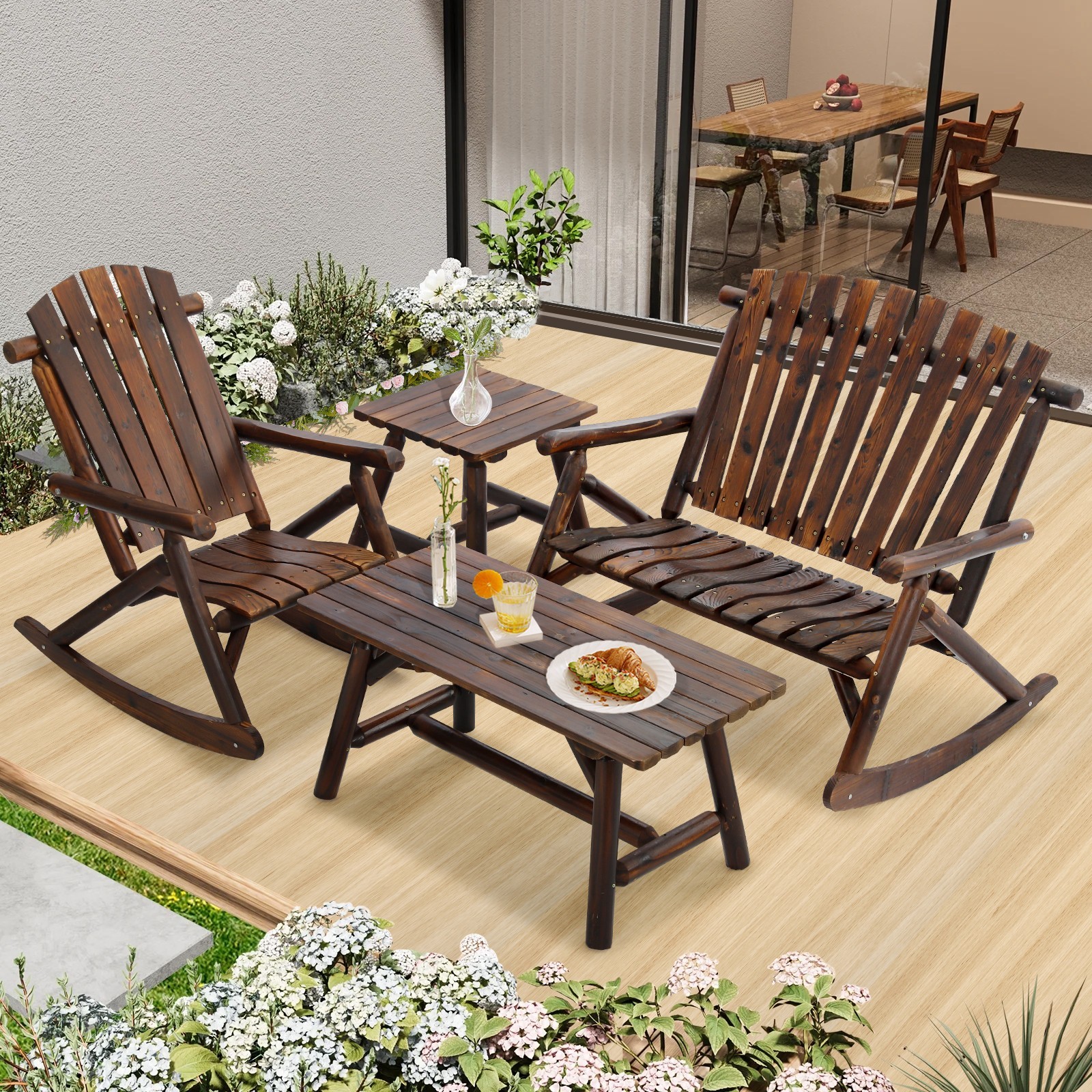 Wooden Patio Conversation Set Log Rocking Chairs & Table Set Outdoor Furniture
