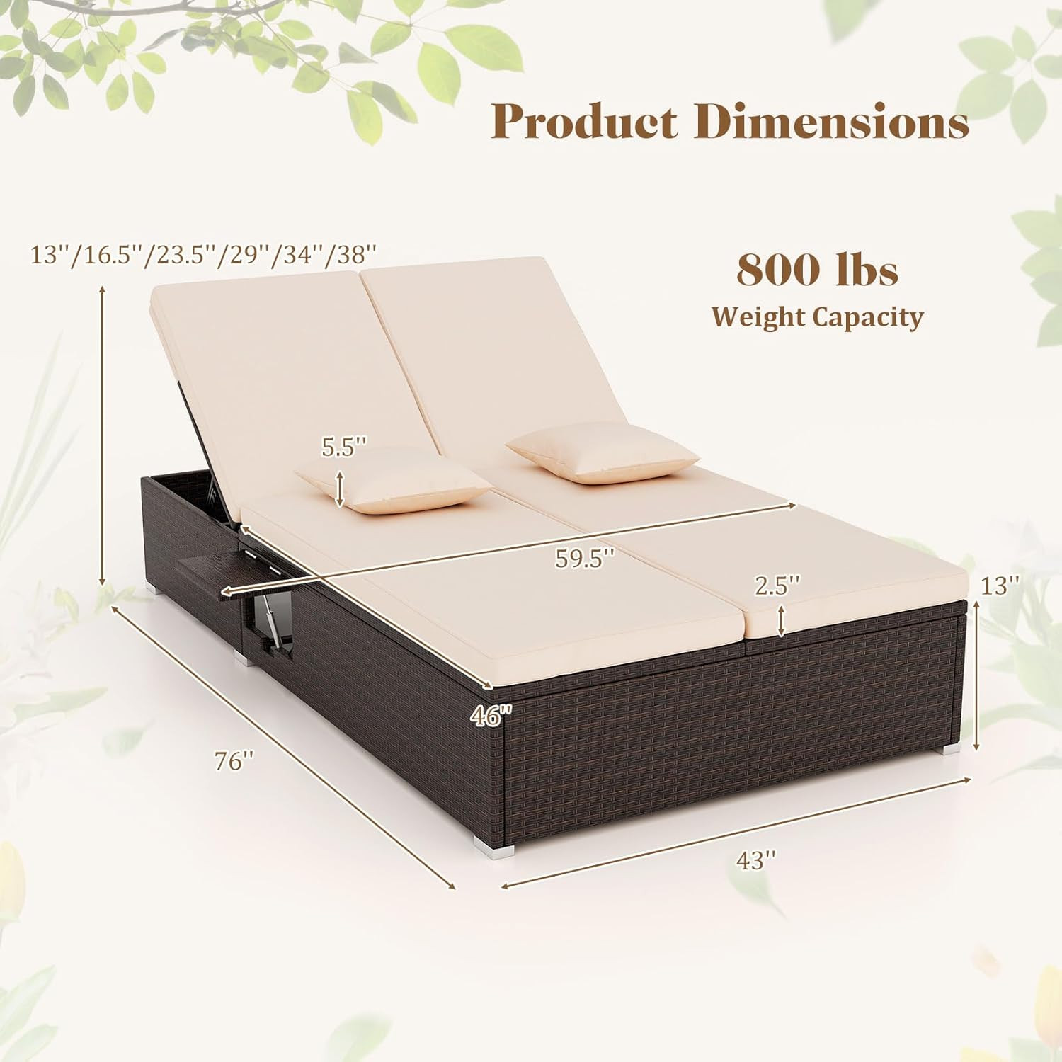 Adjustable Outdoor Rattan Daybed with Cushions & Side Trays for 2 People