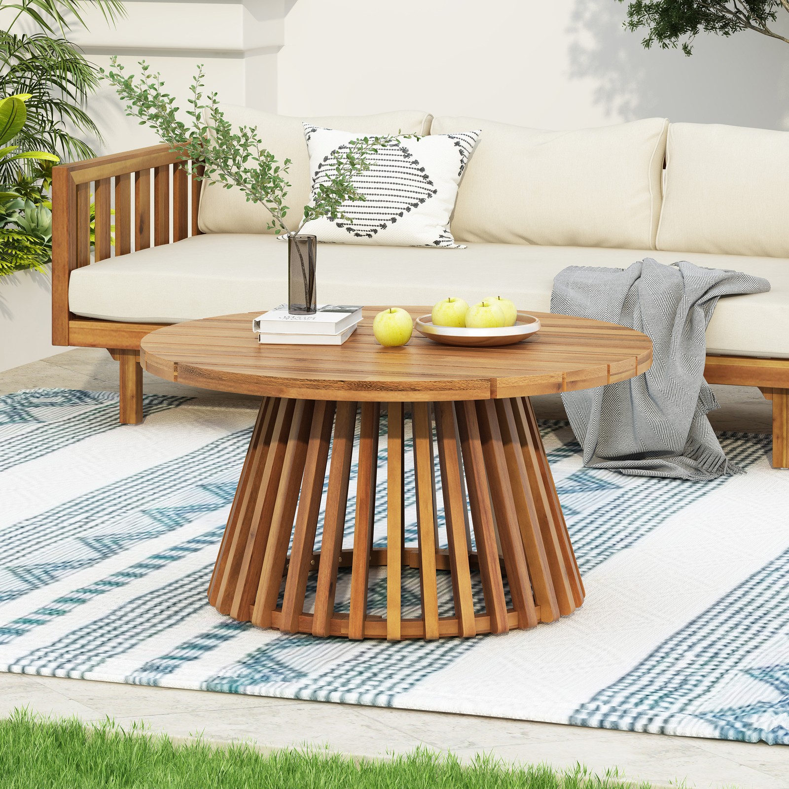 Acacia Wood Patio Furniture Set Outdoor 3 Seater Daybed with Table Lounge Chair