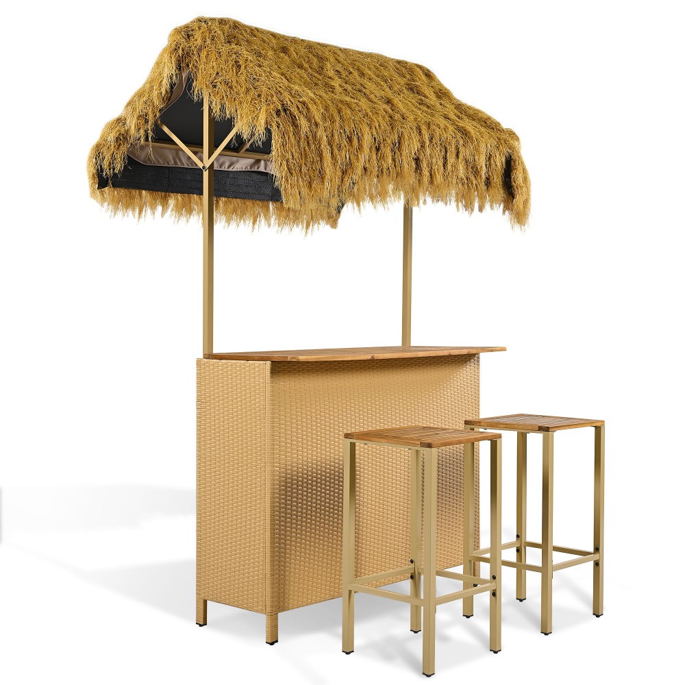 Patio Bar Set Acacia Wood Top PE Wicker Canopy 2 Seat Outdoor Table