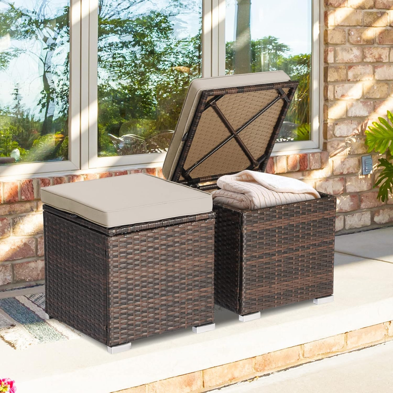 2 Pieces Patio Ottomans, Patiojoy Hand-Woven PE Rattan Side Table with Removable