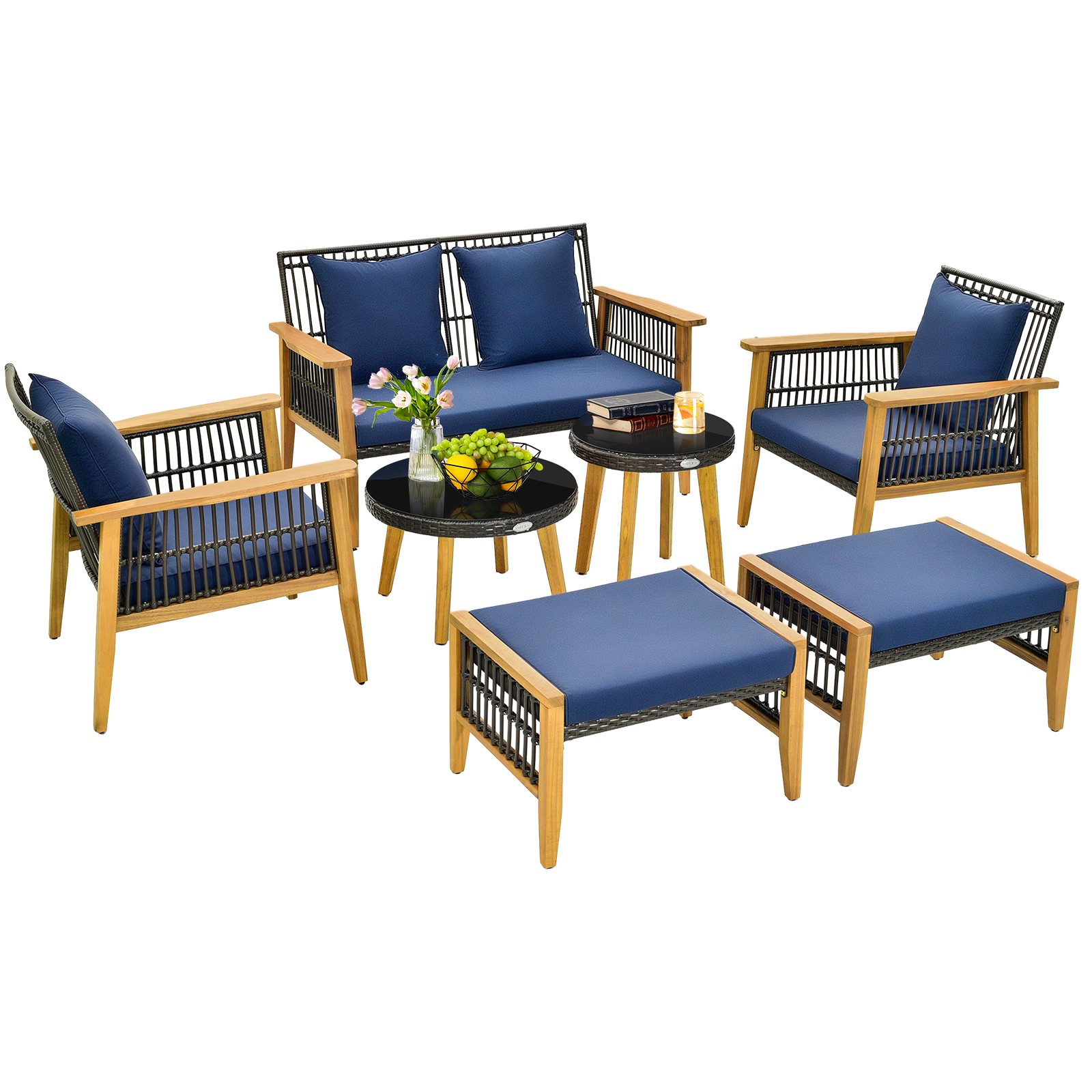 7 Piece Conversation Set Rattan Woven Chair Set w/ 2 Coffee Tables & 2 Ottomans