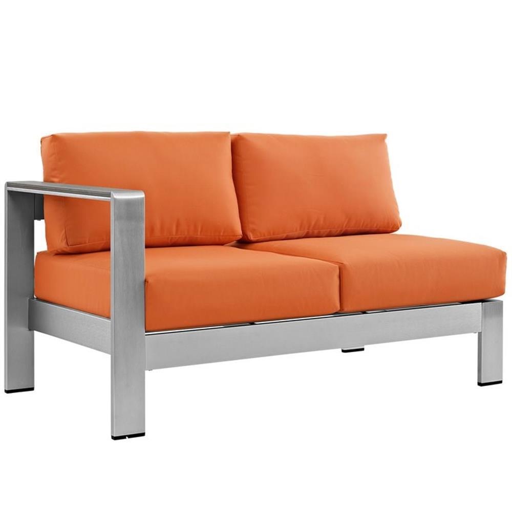 Modway Shore Fabric Aluminum Outdoor Patio Left Arm Loveseat in Silver/Orange