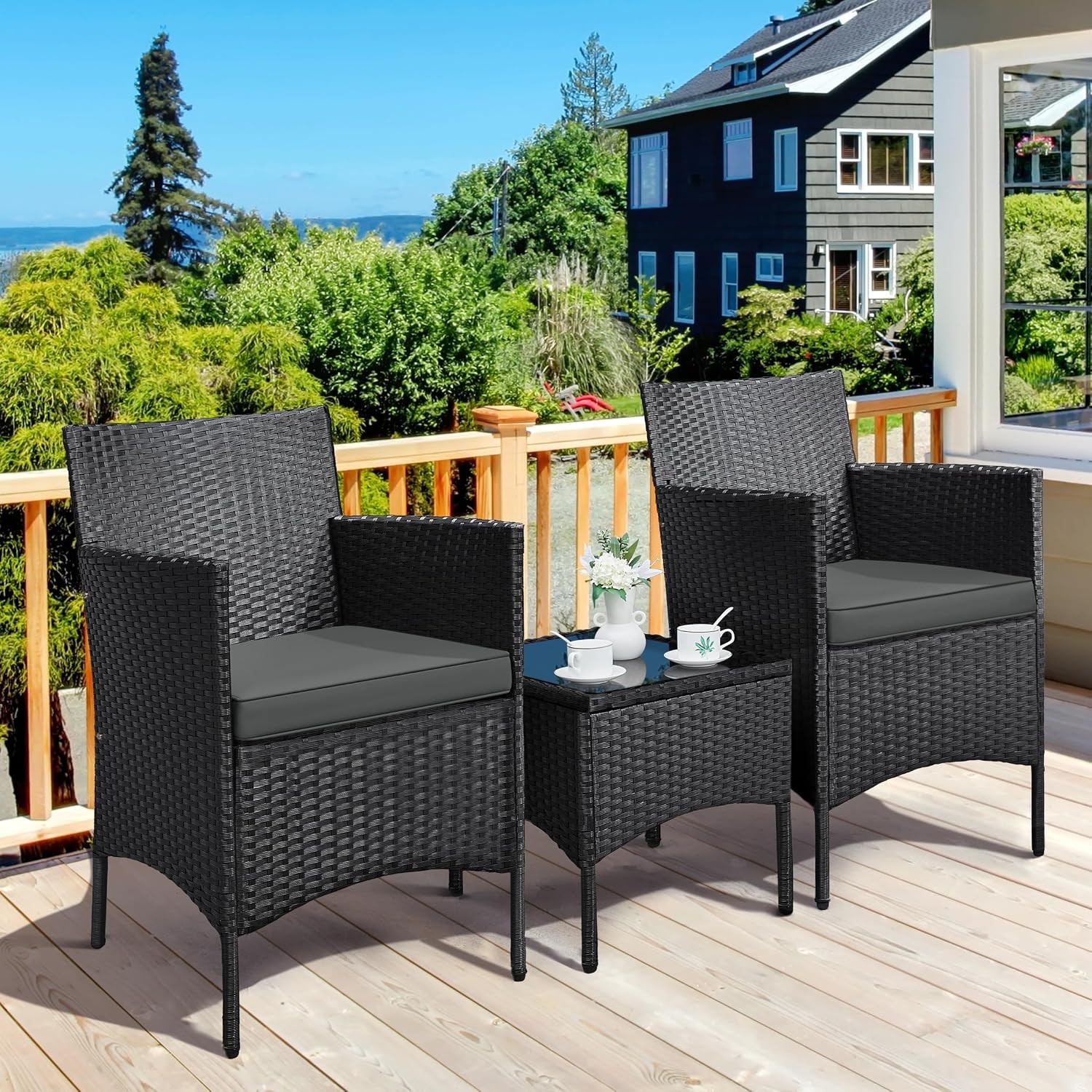 3 Pieces Patio Porch Furniture Set, Outdoor PE Rattan Wicker Conversation Set