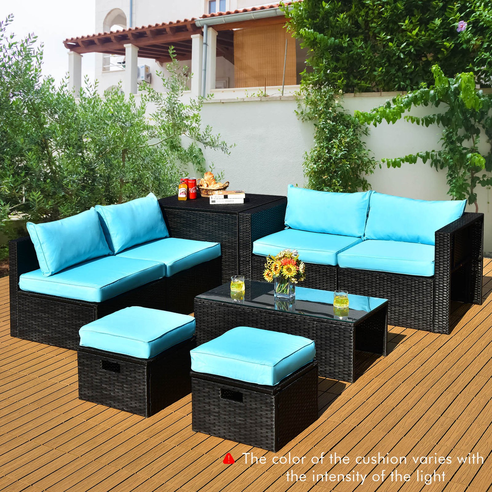 8PCS Rattan Patio Sectional Furniture Set w/ Waterproof Cover & Turquoise
