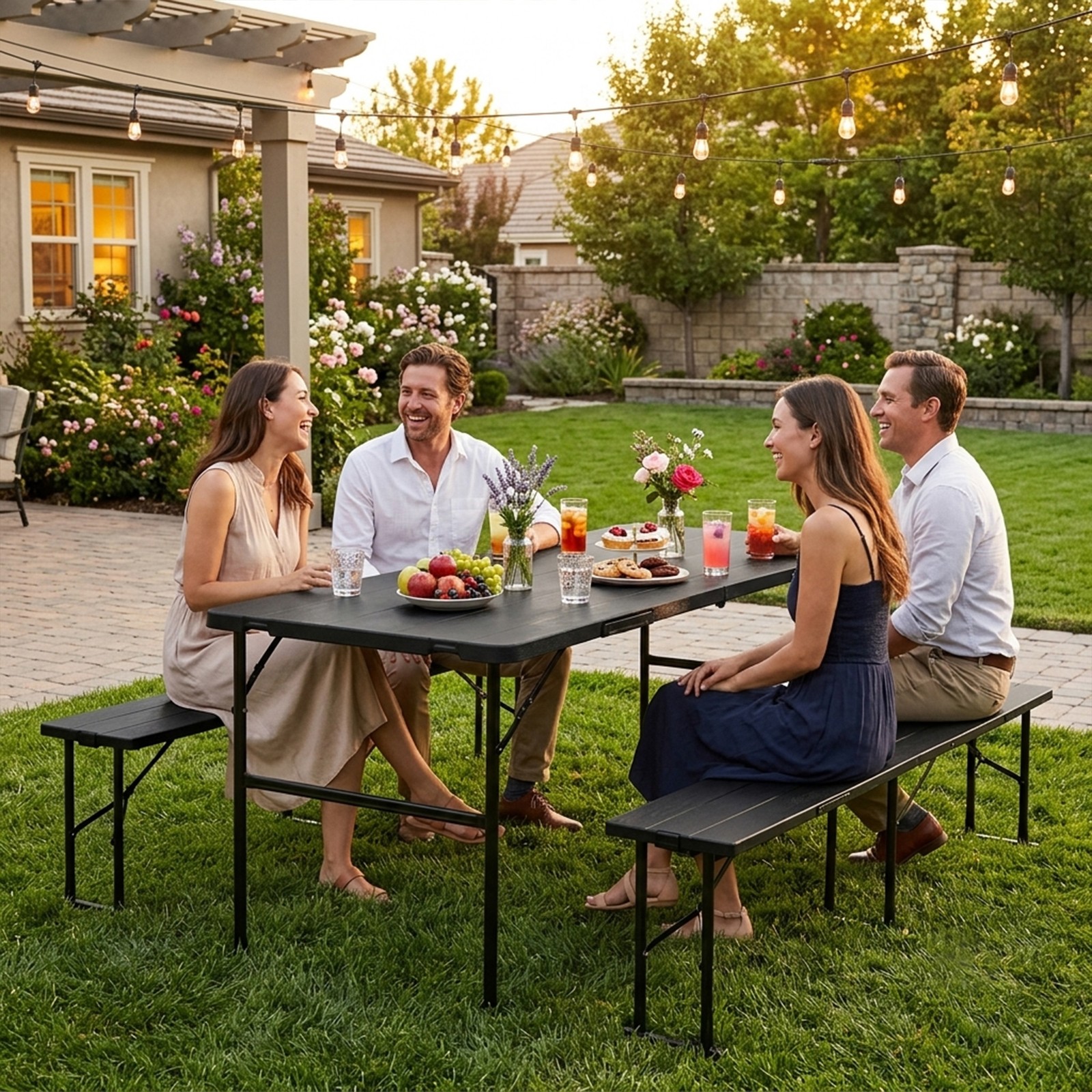 Black Folding Picnic Table Set w/ 2 Benches Waterproof Table for Camping