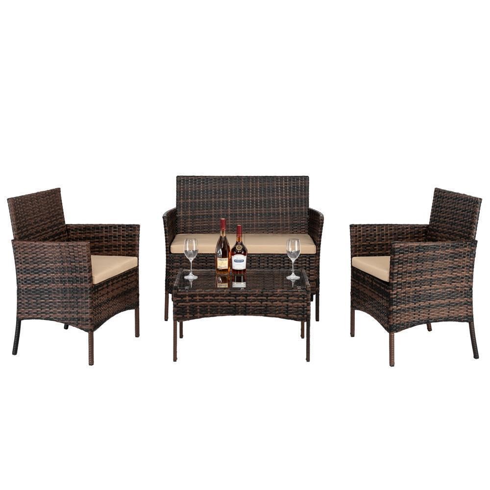 4 PCS Outdoor Patio Rattan Wicker Table Sofa Furniture Set with Cushion Brown