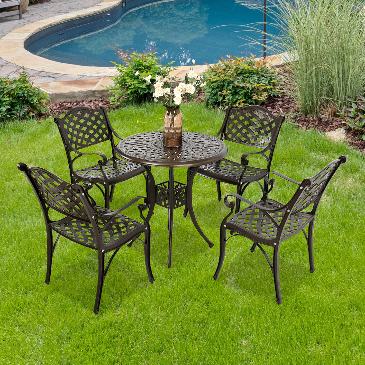 Outdoor Bistro Set 3/5 Pieces Cast Aluminum Dining Table Chair Round Black