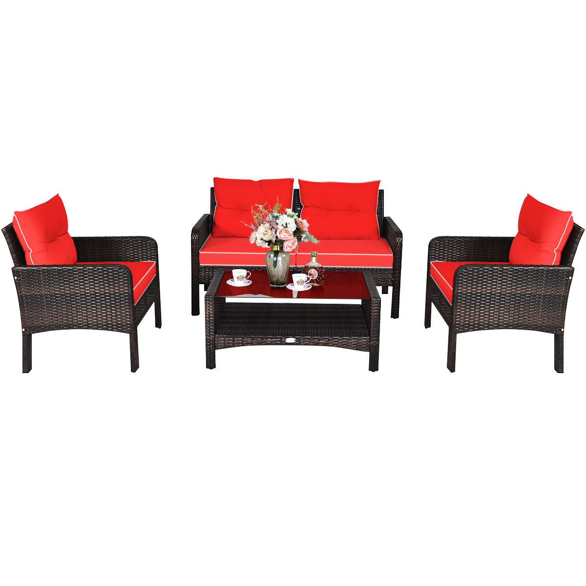 4 PCS Outdoor Patio Rattan Wicker Furniture Set Sofa Loveseat W/Red Cushion New