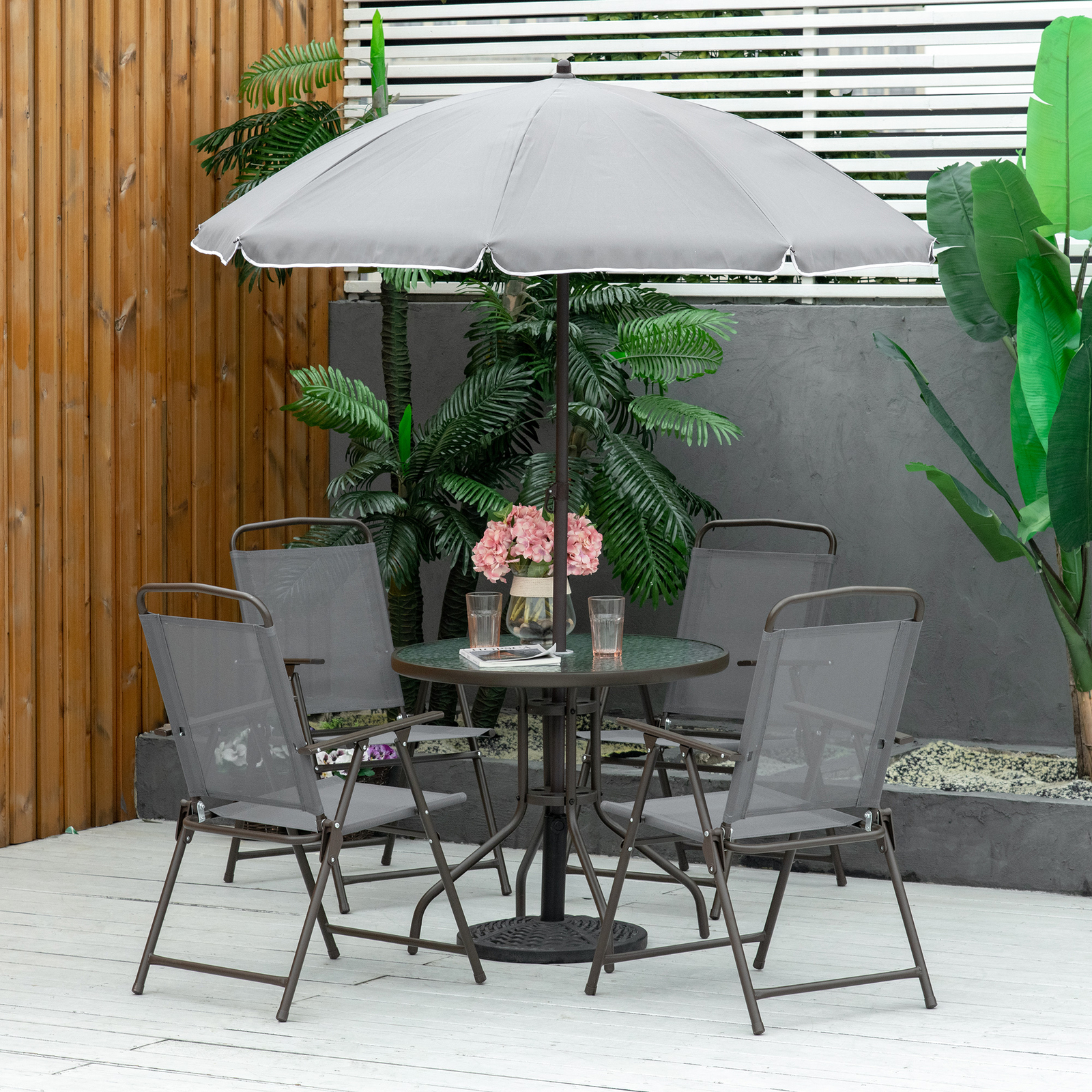 6 PCS Patio Dining Set w/Umbrella, Outdoor Garden Set w/4 Folding Chairs & Table