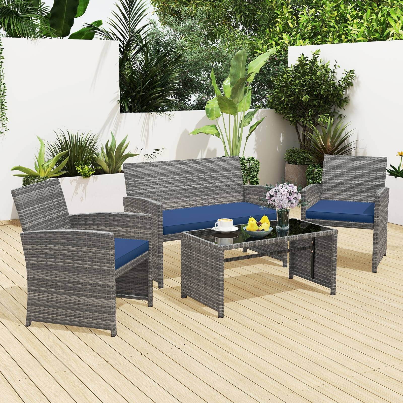 4 PCS Patio Furniture Set w/Tempered Glass Coffee Table Loveseat 2 Single Sofas