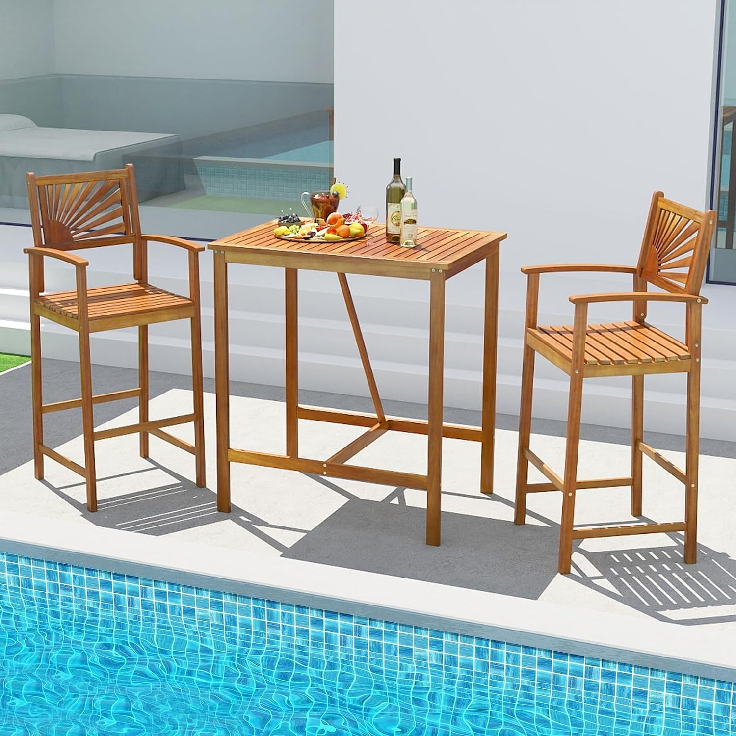 3 Piece Patio Bar Table & Chairs Outdoor Acacia Wood Bar Set w/Slatted Seat