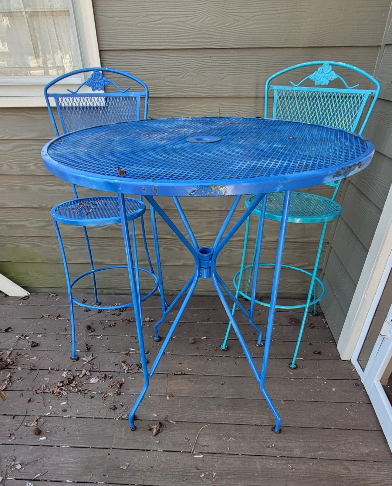 Vintage Painted Wrought Iron 3-Piece Bar Height Bistro Patio Set