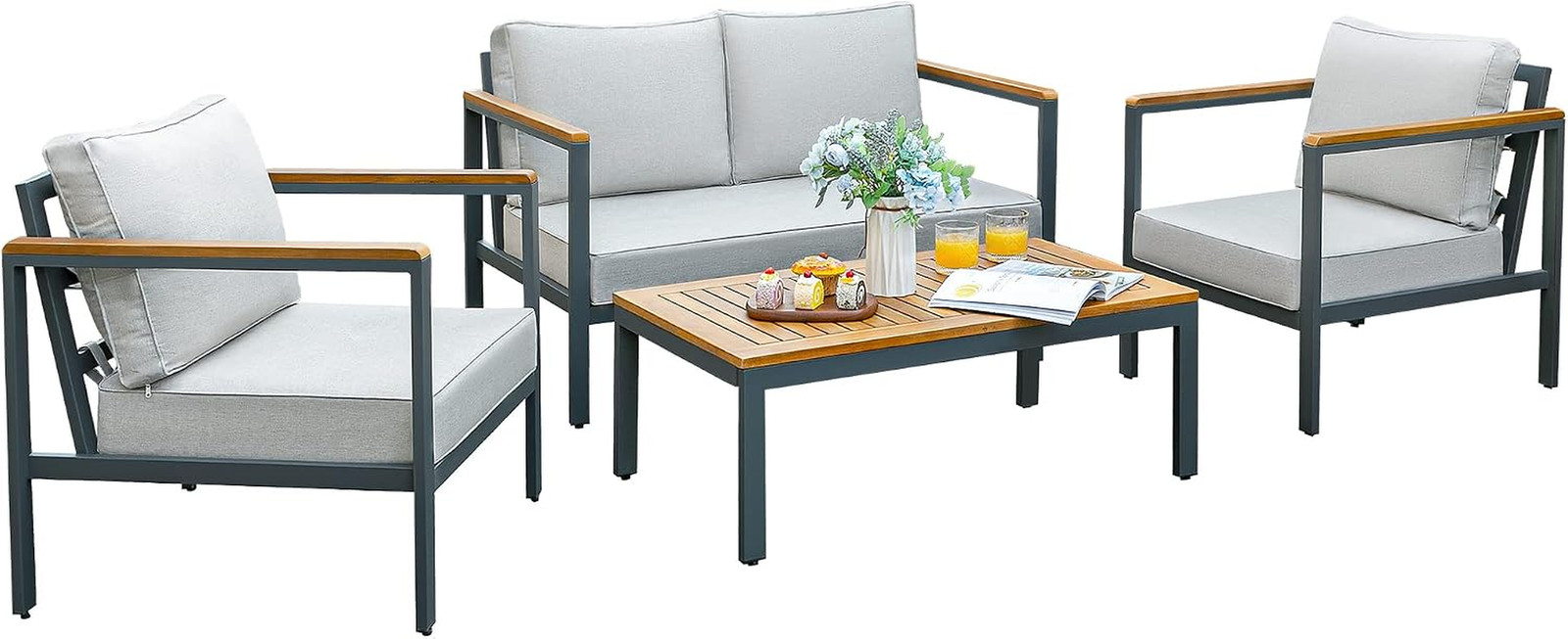 Devoko 4 Pieces Patio Furniture Sets Outdoor Conversation Set Acacia Wood Sofa S