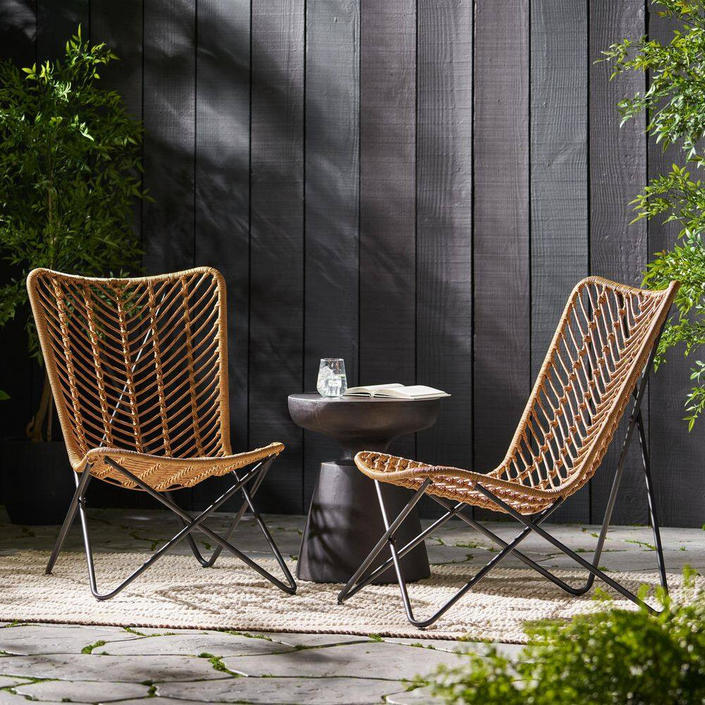 2-Pieces Light Brown PE Wicker and Metal Outdoor Lawn Chairs with Geometric Cros