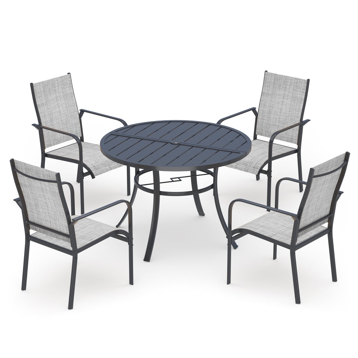 5 Piece Patio Dining Set Outdoor Round Iron Table Chairs for 4 Umbrella Hole